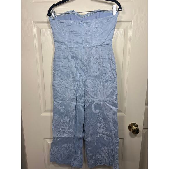 Anthro Aijek Womens 4 Silk Linen Blue Wide Leg Jumpsuit Strapless Cottagecore - Picture 3 of 10